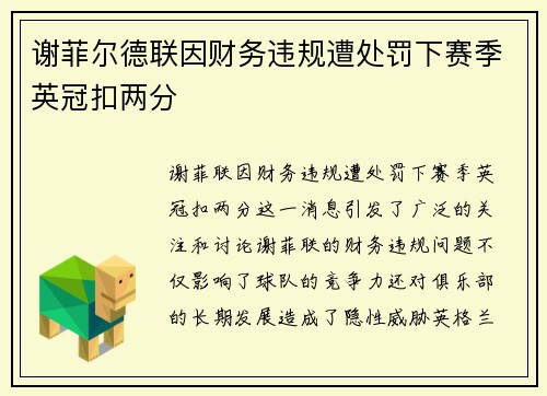 谢菲尔德联因财务违规遭处罚下赛季英冠扣两分